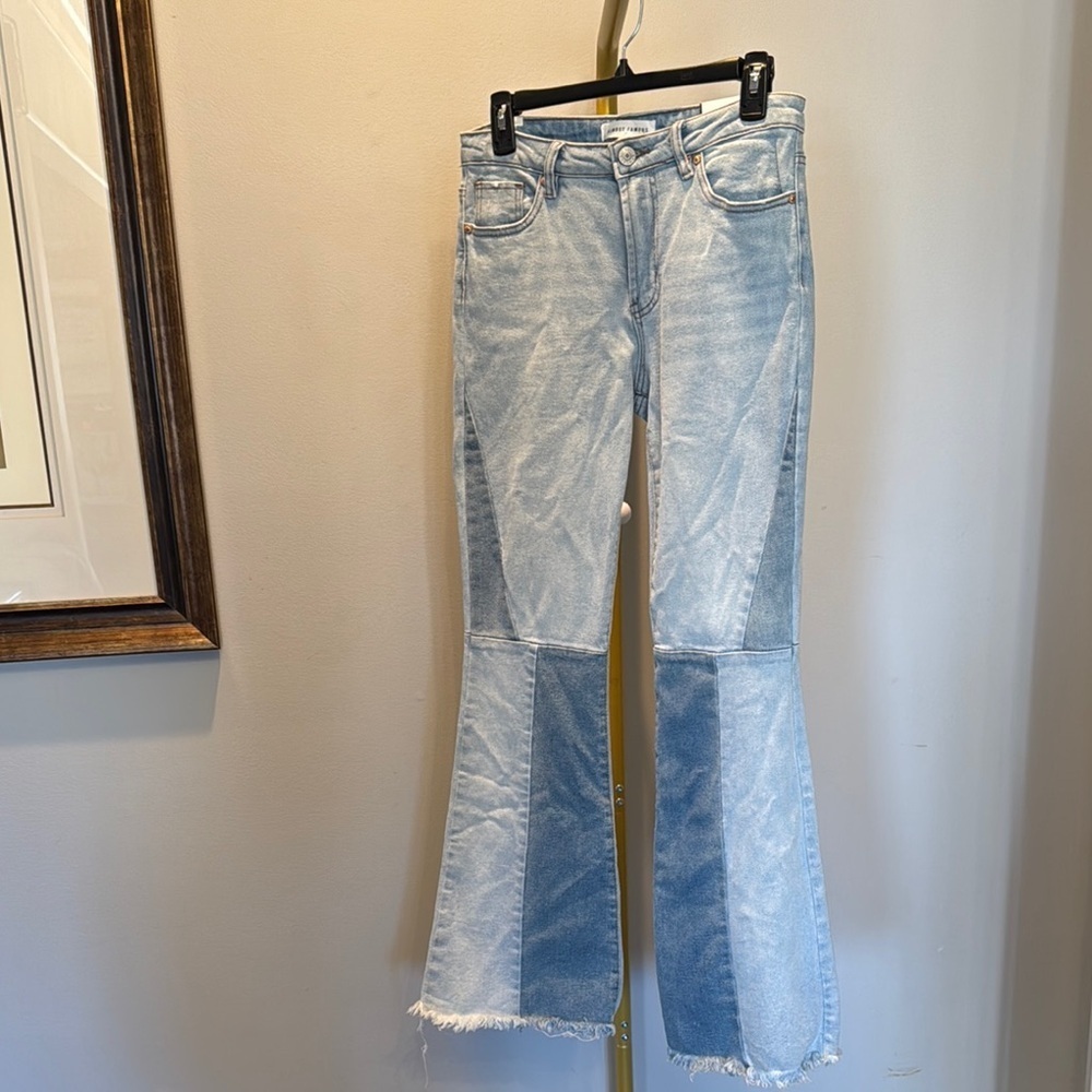 Almost Famous high rise flare patchwork denim fringe jeans NWT 5